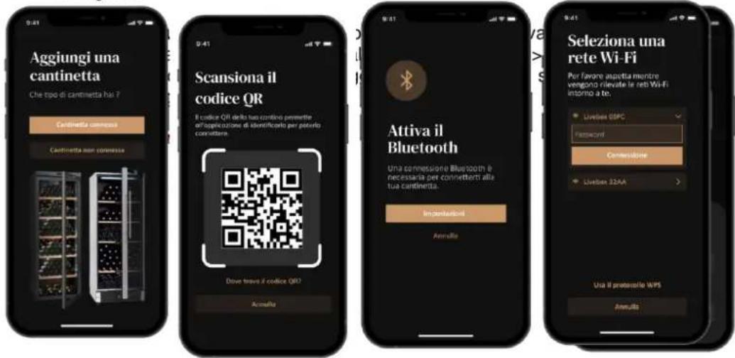 Aggiungi una cantinetta Che tipo di cantinetta hià 7 Cardinetta commesso Cardinetta non commesso Scansiona il codice QR Il codice QR della sua contino permette all'opplistione di identificato per poterto connettore Dave trava il codice QR Accuola Attiva il Bluetooth Una connessione Bluetooth è necessaria per connetterti alla tua cantinetta. Importazione Annola Seleziona una rete Wi-Fi Per favore aspetta mentre vengono rilevate le reti Wi-Fi intorno a te. Livebox USFC Ferracori Connusione Livebox S2AA Usa il protocollo WiPS Annola