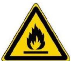 Warning sign depicting a flame symbol with hazard symbol, commonly used in safety or hazard prevention.