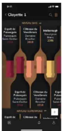 9:41 < Clayette 1 NÉVAU BAS Espér de Patsouguin Patsouguin Saint-Emilier 2018 Côteaux du Vencillemeis Domaine BrezIER 2018 Moliborough Sousigneur Blanc 2006 Espér de Patsouguin Patsouguin Saint-Emilier 2018 Côteaux du Vencillemeis Domaine BrezIER 2018 Espér de Patsouguin Patsouguin Saint-Emilier 2018 NIVÉAU SUPERPOSE Espér de Côteaux du Mollougeau