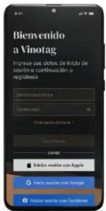 Bienvenido a Vinotag Insgrese sus datos de inicio de sesión o continuación o registrese Correo electrónico Contrastento Contrastente allicada 7 Contrastente allicada 7 Contrastente allicada 7 Donat ■ Inicial sesión con Apple ■ Inicial sesión con Google ■ Inicial sesión con Facebook