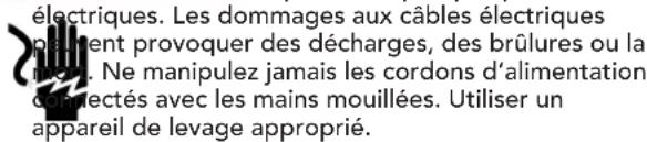 électriques. Les dommages aux câbles électriques pement provoquer des décharges, des brûlures ou la meant. Ne manipulez jamais les cordons d'alimentation d'electés avec les mains mouillées. Utiliser un appareil de levage approprié.