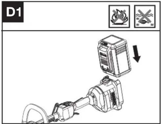 KRESS KC100.9 - Fjerning eller installering av batteripakke (Se figur. D1, D2) - 1