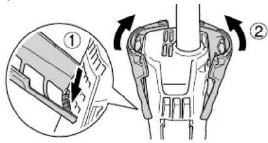 Technical diagram showing mechanical assembly with labeled parts and directional arrows indicating motion or movement.