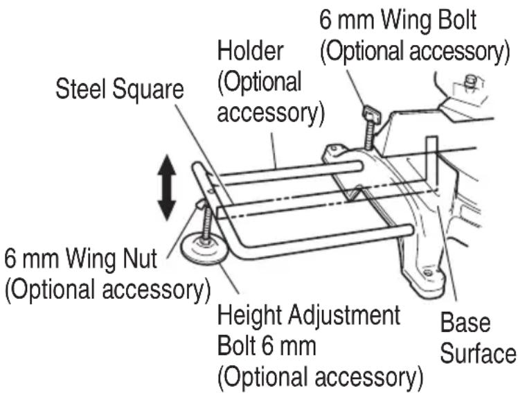 Steel Square 6 mm Wing Nut (Optional accessory) Holder (Optional accessory) 6 mm Wing Bolt (Optional accessory) Height Adjustment Bolt 6 mm (Optional accessory) Base Surface