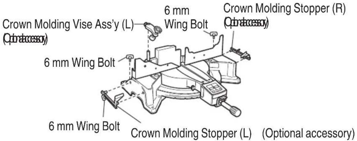Crown Molding Vise Ass'y (L) 6 mm Wing Bolt 6 mm Wing Bolt 6 mm Wing Bolt 6 mm Wing Bolt 6 mm Wing Bolt Crown Molding Stopper (R) (Optional accessory)