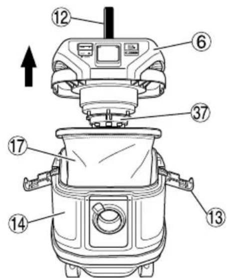 Technical diagram of a mechanical device with numbered components and an upward arrow indicating motion or assembly.