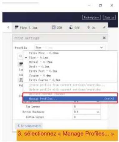 Print settings Profile Extra Flare - 0.00mm • Flare - 0.1mm Normal - 0.1mm Draft - 0.2mm Extra Part - 0.3mm Course - 0.4mm Extra Course - 0.5mm Create profile from current settings/overrides... Update profile with current settings/overrides... Manage Profiles... Cred-1 Top Layers 0 Bottom Thickness…