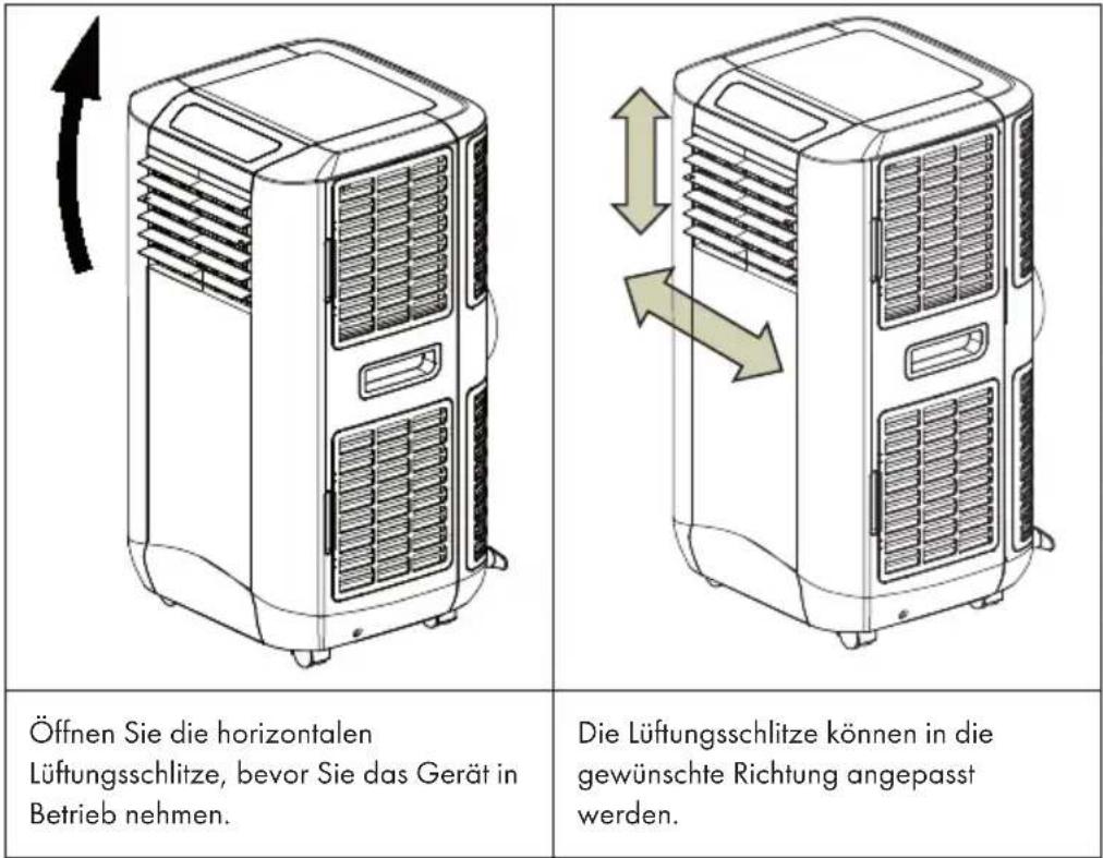 Öffnen Sie die horizontalen Lüftungsschlitze, bevor Sie das Gerät in Betrieb nehmen. Die Lüftungsschlitze können in die gewünschte Richtung angepasst werden.