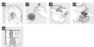 Illustration showing steps to organize a kitchen appliance, including hand-cranking and cleaning phases with numbered labels.