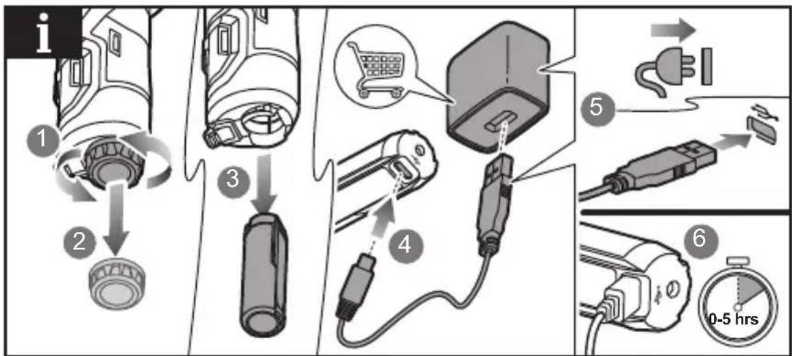 Diagram illustrating the step-by-step installation of a battery and plug, with numbered instructions and a 0-5-hour stopwatch.