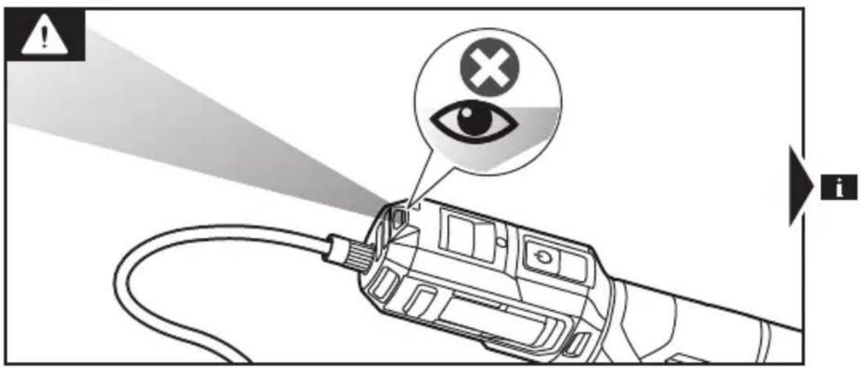 Diagram showing a device emitting a light with an eye icon and warning symbol, labeled 'i' in the corner.