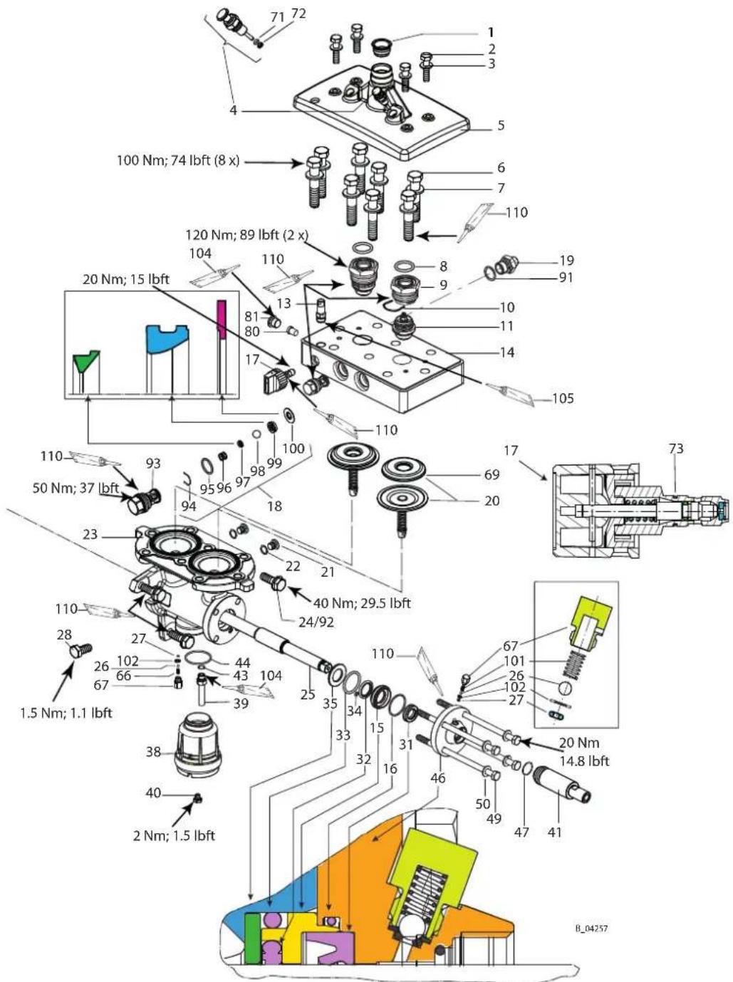 71 72 1 2 3 4 5 100 Nm; 74 lbft (8 x) 6 7 110 120 Nm; 89 lbft (2 x) 104 110 8 9 19 91 20 Nm; 15 lbft 81 80 13 10 11 14 105 110 17 50 Nm; 37 lbft 93 94 95 96 97 98 99 100 23 22 21 40 Nm; 29.5 lbft 24/92 110 28 27 44 43 104 39 35 34 33 32 31 16 46 50 49 47 41 20 Nm 14.8 lbft 1.5 Nm; 1.1 lbft 38 40 2 Nm; 1.5 lbft B_04257