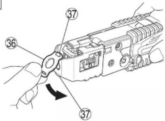 Technical diagram showing a hand using a pliers to adjust internal components, with numbered parts labeled 36 and 37.