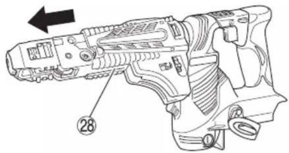 Technical diagram of a firearm with numbered parts and directional arrow indicating movement or assembly