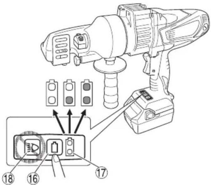 Technical diagram of a power tool with labeled components including buttons, indicator lights, and a control panel.