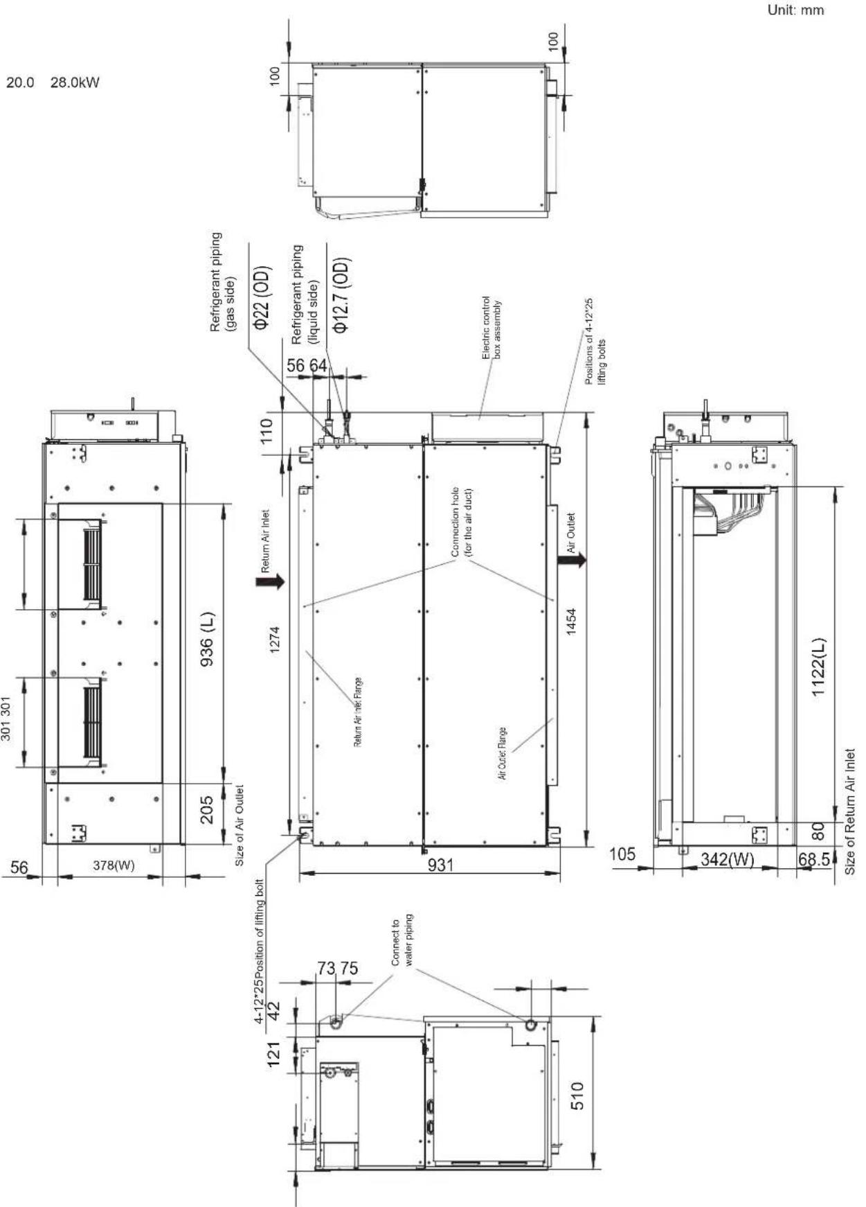HTW MI2 - Installation dimensions of lifting bolts and location size of connecting piping (unit: mm) - 3
