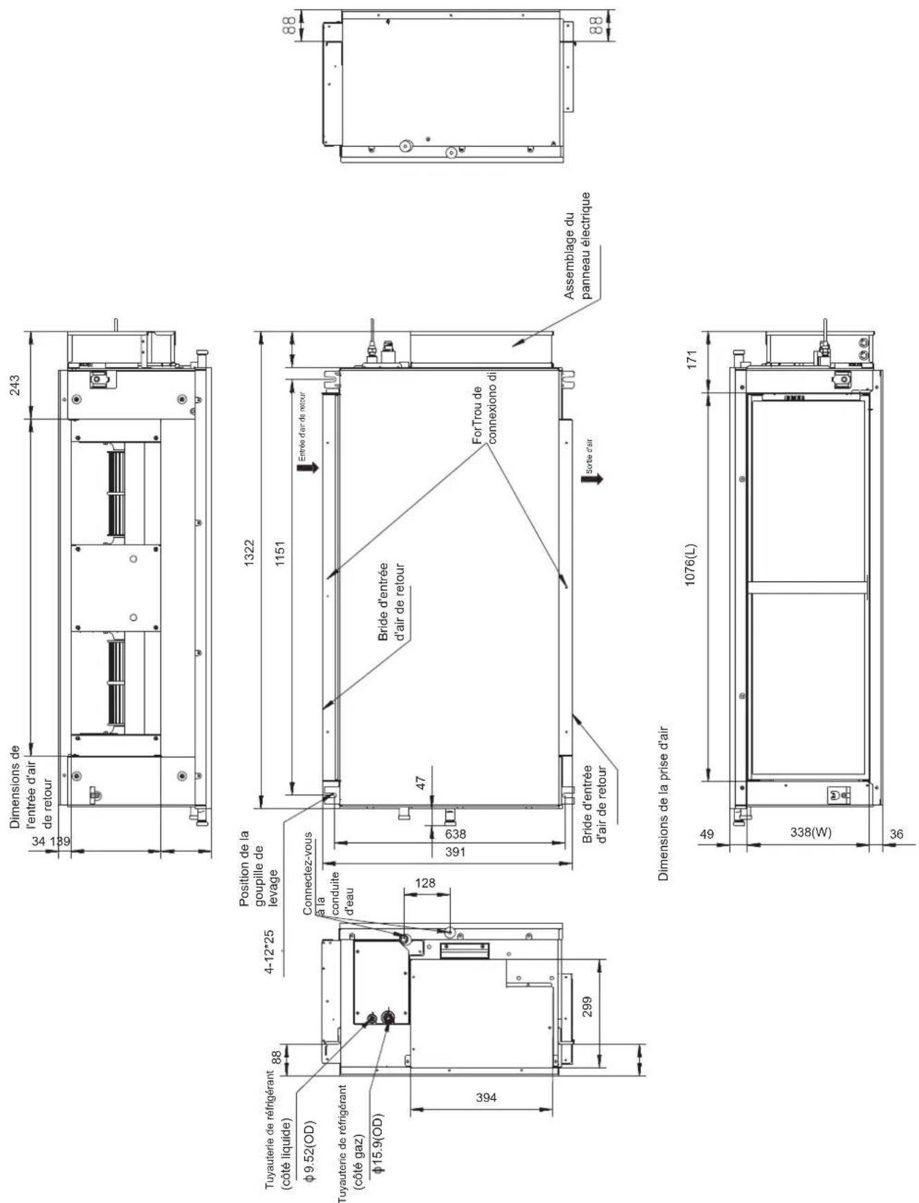 HTW MI2 - Dimensions d'installation des boulons de levage et dimension de l'emplacement de la tuyauterie de raccordement (unité: mm) - 2