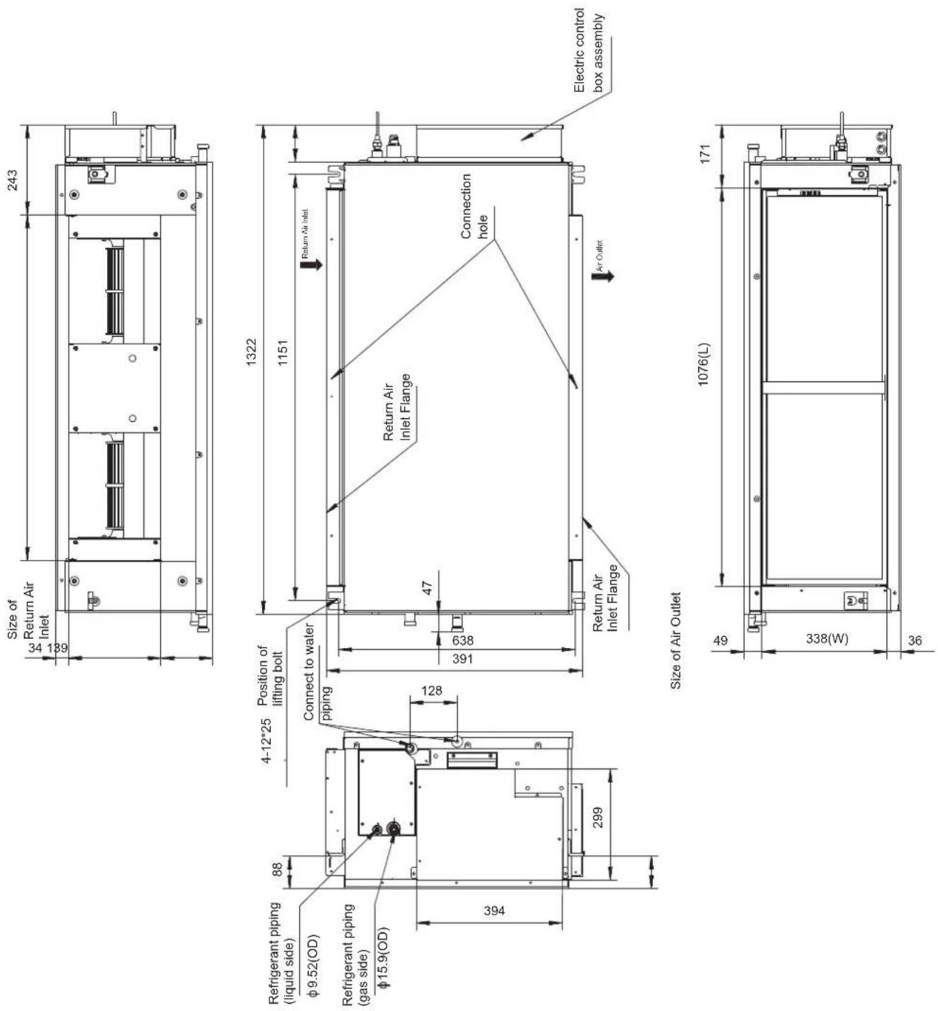 HTW MI2 - Installation dimensions of lifting bolts and location size of connecting piping (unit: mm) - 2