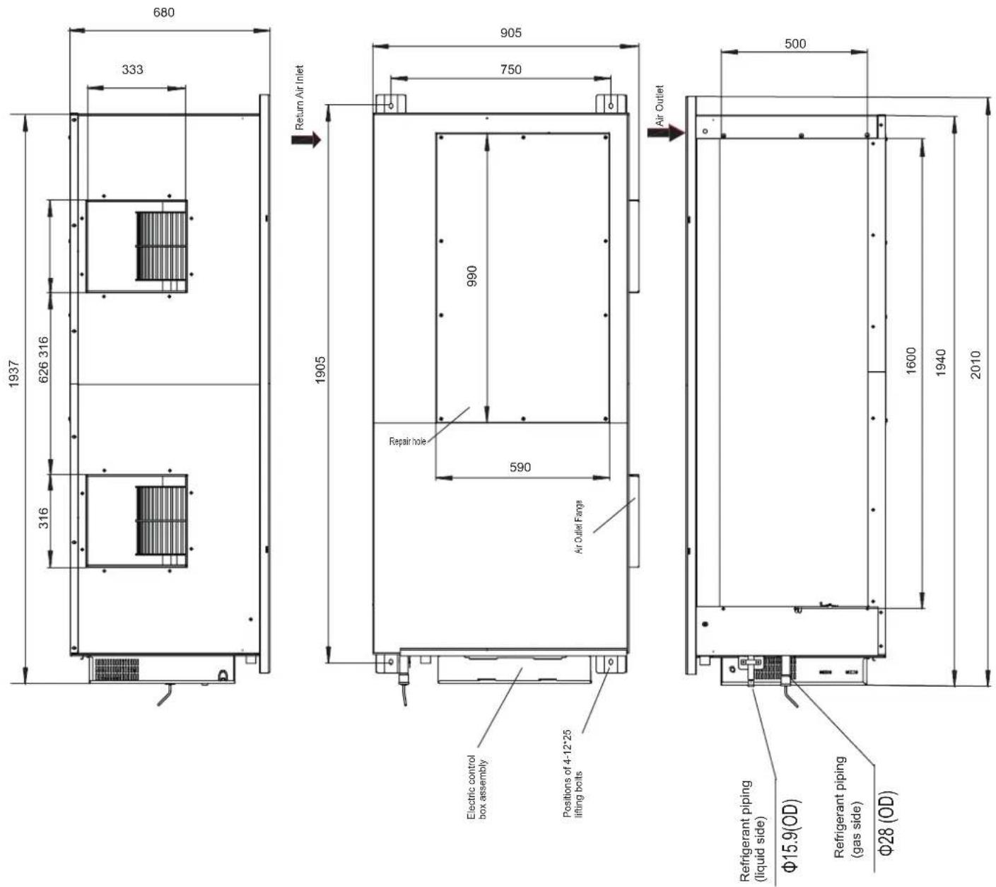 680 333 1937 626 316 316 1905 905 750 Return Air Inlet 990 Repair hole 590 Air Outlet Fange Electric control box assembly Positions of 4-12"25 lifting bolts Air Outlet 500 1600 1940 2010 Refrigerant piping (liquid side) Φ15.9(OD) Refrigerant piping (gas side) Φ28 (OD)