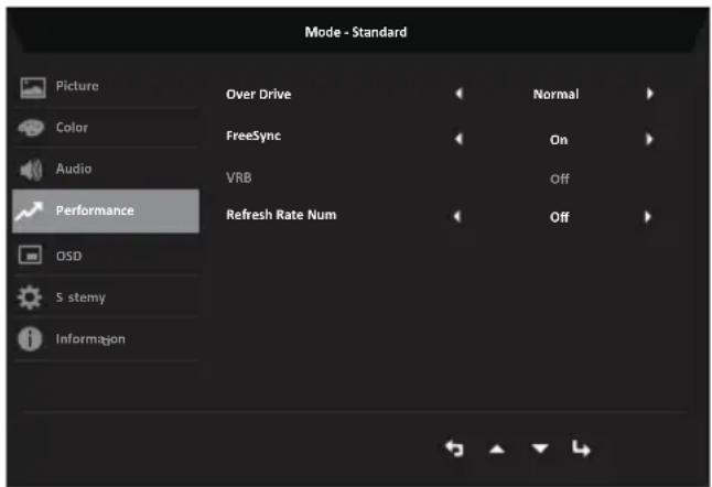 Mode - Standard Picture Over Drive Normal Color FreeSync On Audio VRB Off Performance Refresh Rate Num Off OSD S stemy Information