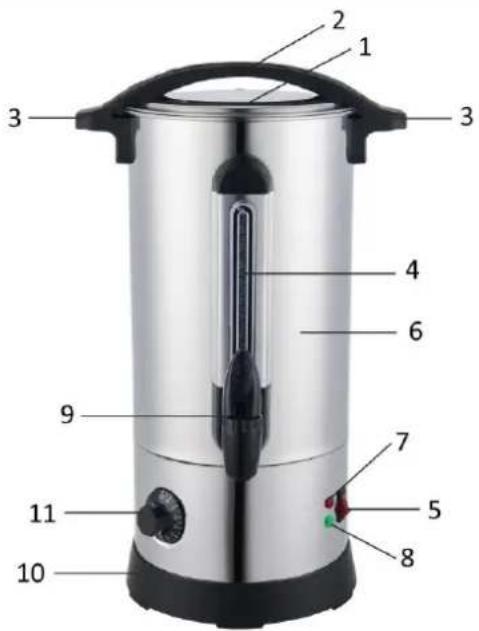 Labeled diagram of a silver coffee maker with numbered parts for identification
