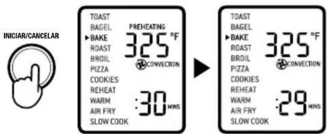 INICIAR/CANCELAR TOAST BAGEL ► BAKE ROAST BROIL PIZZA COOKIES REHEAT WARM AIR FRY SLOW COOK PREHEATING 325 °F CONVECTION 30 MINS TOAST BAGEL ► BAKE ROAST BROIL PIZZA COOKIES REHEAT WARM AIR FRY SLOW COOK 325 °F CONVECTION 29 MINS