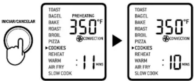INICIAR/CANCELAR TOAST BAGEL PREHEATING BAKE 350°F ROAST BROIL CONVECTION PIZZA COOKIES REHEAT WARM : 11 MINS AIR FRY SLOW COOK TOAST BAGEL 350°F BAKE ROAST BROIL CONVECTION PIZZA COOKIES REHEAT WARM : 10 MINS AIR FRY SLOW COOK