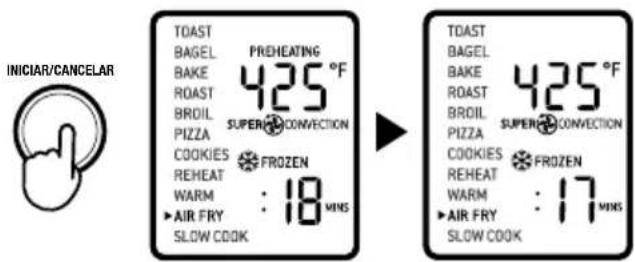 INICIAR/CANCELAR TOAST BAGEL PREHEATING 425 °F BAKE ROAST BROIL PZZA SUPERCONVECTION COOKIES FROZEN REHEAT WARM : 18 MINS SLOW COOK TOAST BAGEL 425 °F BAKE ROAST BROIL PZZA SUPERCONVECTION COOKIES FROZEN REHEAT WARM : 17 MINS AIR FRY SLOW COOK