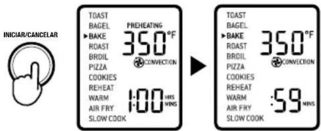 INICIAR/CANCELAR TOAST BAGEL PREHEATING BAKE 350°F ROAST BROIL CONVECTION PIZZA COOKIES REHEAT WARM 1:00 HRS MINS SLOW COOK TOAST BAGEL BAKE 350°F ROAST BROIL CONVECTION PIZZA COOKIES REHEAT WARM AIR FRY SLOW COOK 59 MINS