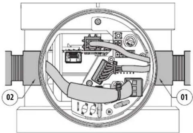 Technical diagram of a mechanical or electrical device with labeled components and internal wiring layout