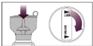 Diagram showing a mechanical device with downward arrow and a circular lock/unlock control panel labeled 'LOCK' and 'UNLOCK'.