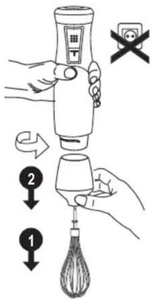 Diagram illustrating a hand tool application with labeled steps 1 and 2, showing a brush tip and warning symbol.
