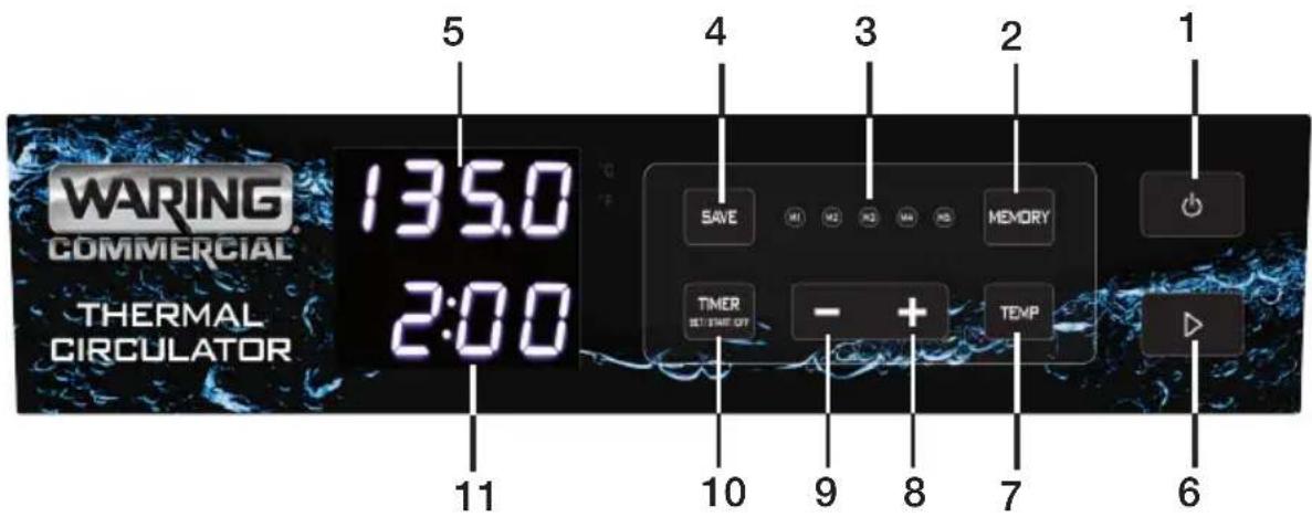 WARING COMMERCIAL THERMAL CIRCULATOR 135.0 2:00 5 4 3 2 1 SAVE M1 M2 M3 M4 M5 MEMORY TIMER SET TIME OFF - + TEMP 6