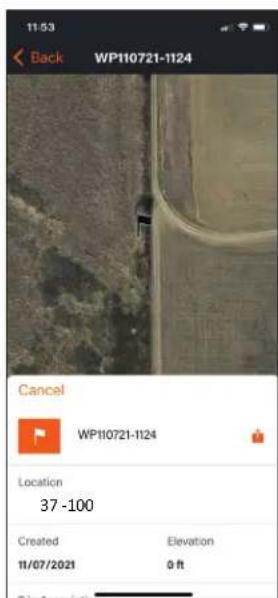 11:53 Back WP110721-1124 Cancel WP110721-1124 Location 37 -100 Created Elevation 11/07/2021 0 ft