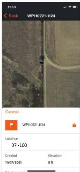 11:53 Back WP110721-1124 Cancel WP110721-1124 Location 37 -100 Created Elevation 11/07/2021 0 ft