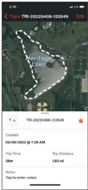 2:16 Trips TRI-20220406-122649 Edit Heritage Lake TRI-20220406-122649 Created 04/06/2022 @ 7:26 AM Trip Time Trip Distance 26m 1.63 mi Notes Tap to enter notes