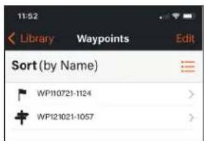 11:52 Library Waypoints Edit Sort (by Name) WP10721-1124 > WP121021-1057 >