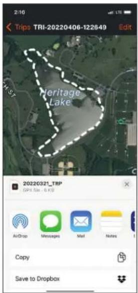 2:10 Tripa TRI-20220406-122649 Edit Heritage Lake 20220321_TRP GPS file: 0 KB AirDrop Messages Mail Notes Copy Save to Dropbox
