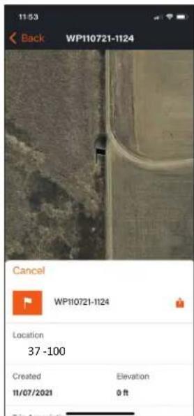 11:53 Back WP110721-1124 Cancel WP110721-1124 Location 37 -100 Created Elevation 11/07/2021 0 ft