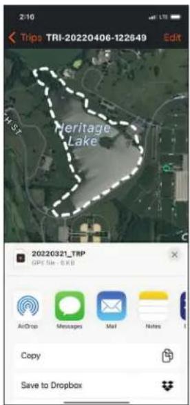 2:10 Trips TRI-20220406-122649 Edit Heritage Lake 20220321_TRP GPS Site - 0 KB AirDrop Messages Mail Notes Copy Save to Dropbox