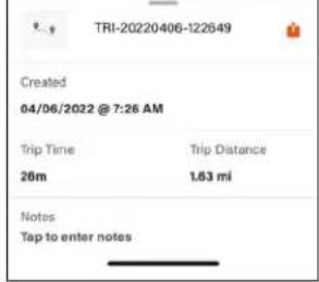 TRI-20220406-122649 Created 04/06/2022 @ 7:26 AM Trip Time Trip Distance 26m 1.63 mi Notes Tap to enter notes