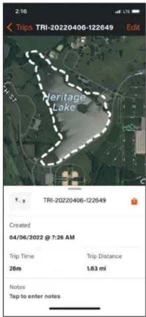 2:16 Trips TRI-20220406-122649 Edit Heritage Lake TRI-20220406-122649 Created 04/06/2022 @ 7:26 AM Trip Time Trip Distance 26m 1.63 mi Notes Tap to enter notes