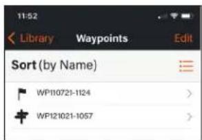 11:52 Library Waypoints Edit Sort (by Name) WP10721-1124 WP121021-1057