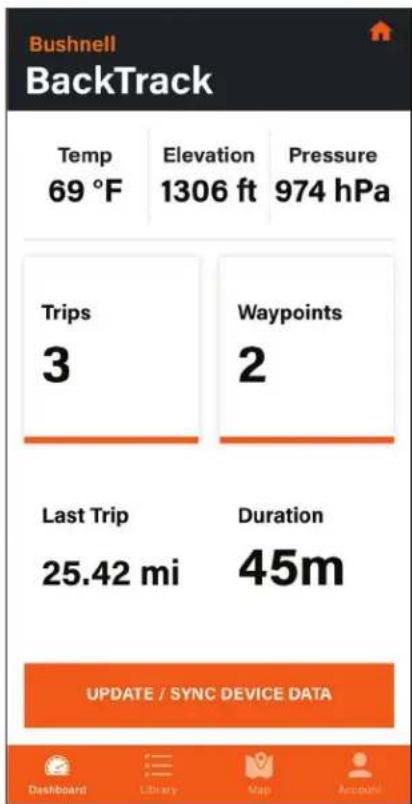 Bushnell BackTrack Temp 69 °F Elevation 1306 ft Pressure 974 hPa Trips 3 Waypoints 2 Last Trip 25.42 mi Duration 45m UPDATE / SYNC DEVICE DATA Dashboard Library Map Account