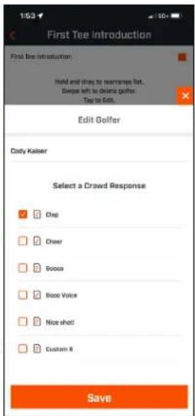 First Tee Introduction First Tee Introduction held and drove to rearrange list... Grappe left to organize goiter. Top to Edit. Edit Golfer Cody Kaiser Select a Crowd Response ✓ Clap ✓ Cheer ✓ Boose ✓ Boose Voice ✓ Nice shot! ✓ Custom 8 Save