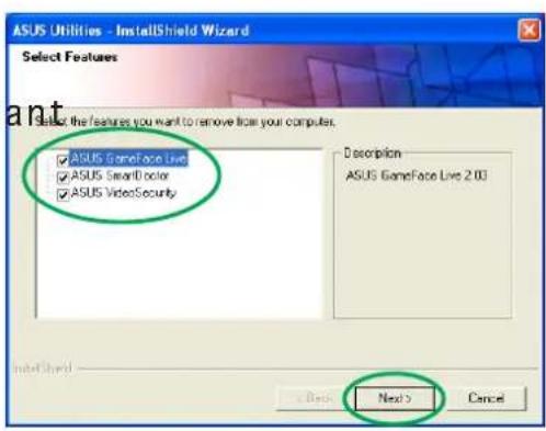 ASUS Utilities - InstallShield Wizard Select Features ✓ ASUS GameFace Live ✓ ASUS SmartID color ✓ ASUS VideoSecurity Description ASUS GameFace Live 2.00 Next > Cancel