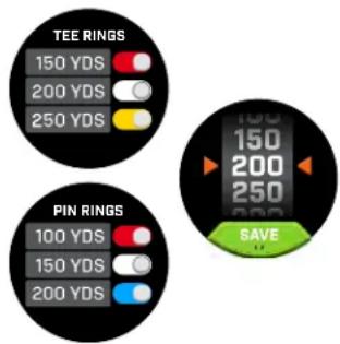 TEE RINGS 150 YDS 200 YDS 250 YDS PIN RINGS 100 YDS 150 YDS 200 YDS 150 200 250 SAVE