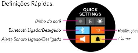 Definições Rápidas. QUICK SETTINGS Brilho do ecrã Bluetooth Ligado/Desligado 10 Notificações Alerta Sonoro Ligado/Desligado Alarmes