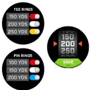 TEE RINGS 150 YDS 200 YDS 250 YDS PIN RINGS 100 YDS 150 YDS 200 YDS 150 200 250 SAVE