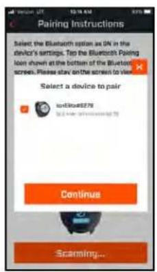 Pairing Instructions Select the Bluetooth option as ON in the device's settings. Tap the Bluetooth Pairing icon shown at the bottom of the Bluetooth screens. Please stay on the screen to view. Select a device to pair io-Blues278 to 100% (with 100% highlighted) Continue Scanning...